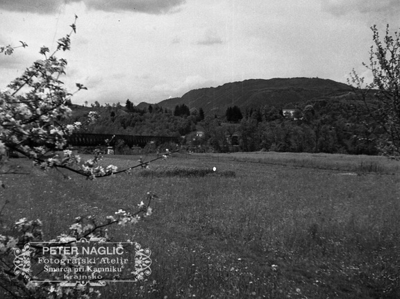 Litija - železniški most; zadaj sredi hriba grad Pogonik, pogled iz Zgornjega Loga - F 1933 2 10 016