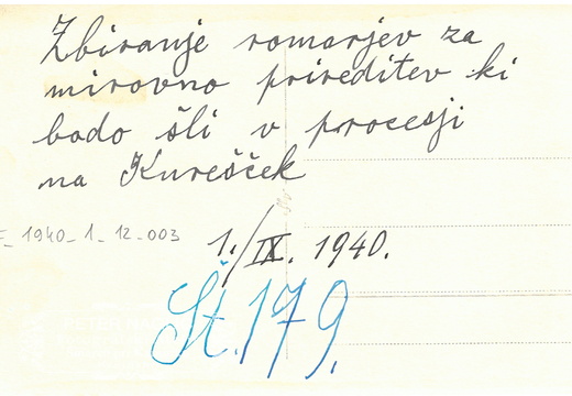 Nagličev pripis o Mirovni pobožnosti na Kureščku leta 1940 na hrbtni strani fotografije - F 1940 1 12 003 hrbtna stran