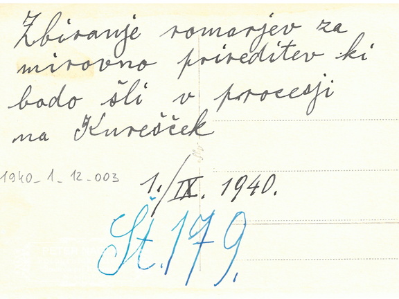 Nagličev pripis o Mirovni pobožnosti na Kureščku leta 1940 na hrbtni strani fotografije - F 1940 1 12 003 hrbtna stran