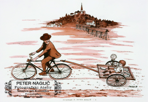 Peter s kolesom vozi hčerko Katarino - Marjan Manček, lavirana risba 2023